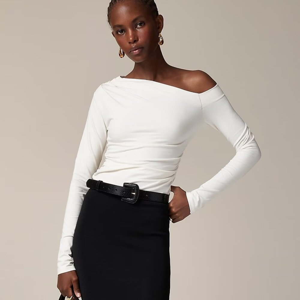 J. Crew Asymmetrical Off-the-Shoulder Top in Stretch Cotton Blend in Ivory